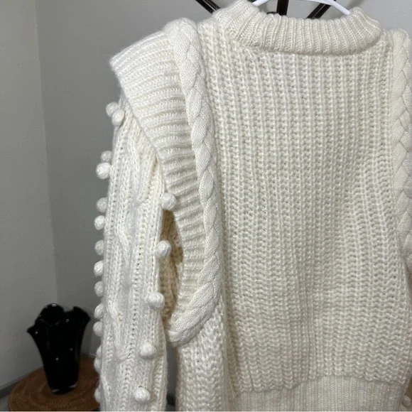 Farm Rio Braided Sweater S Pom Pom Off White wool blend - Picture 11 of 14